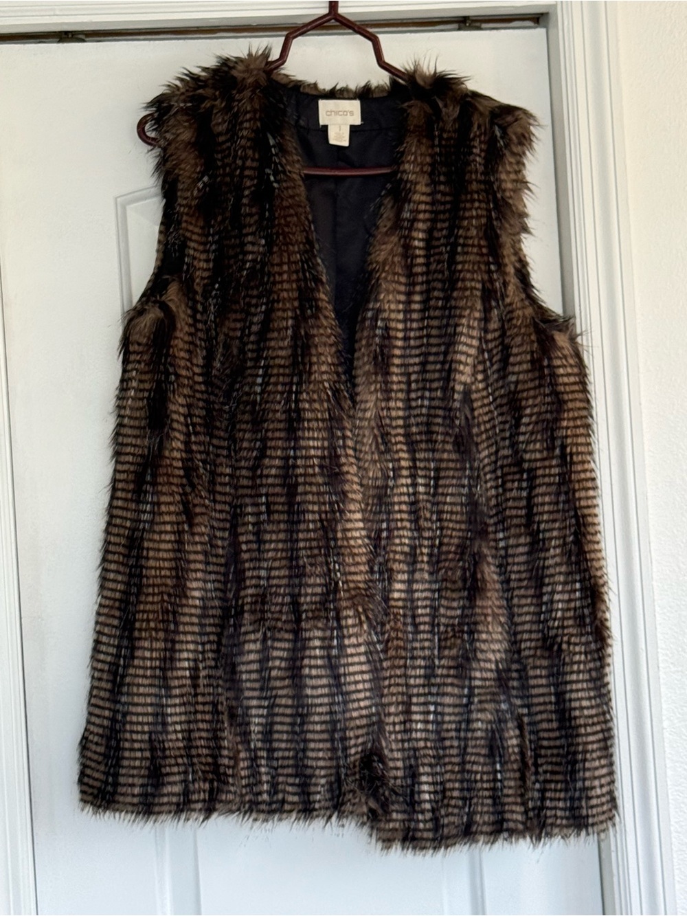 Chico's Faux Fur Sleeveless Vest in Brown and Black Stripes